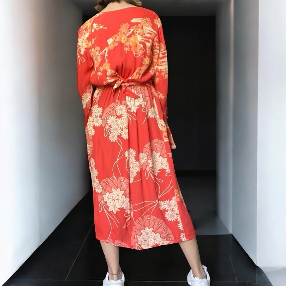 Free People Orange Midi Tie Back Dress Resort Boho Retro Style Floral dress S - Picture 4 of 11